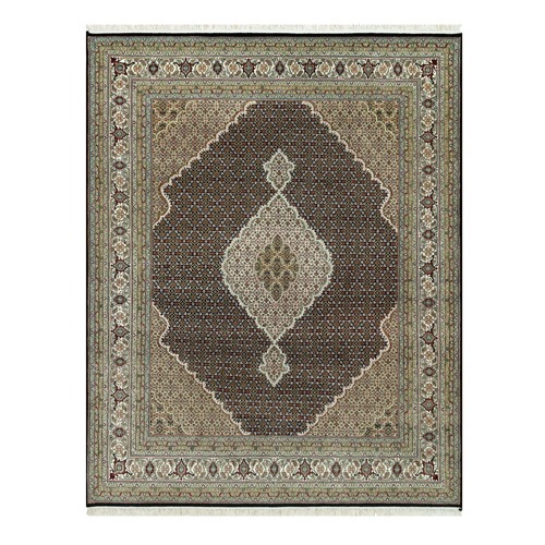 Inkwell Black, Mahi Tabriz With Fish Medallion Design, Hand Knotted Densely Woven, 100% Wool, Oriental Rug