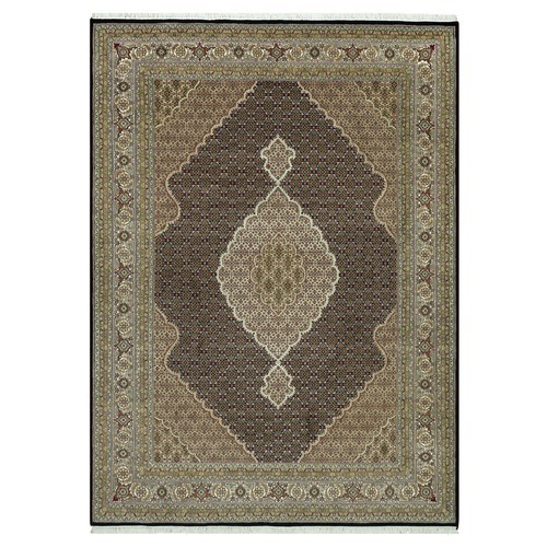 Tricorn Black with Weathered White, Hand Knotted Soft Vibrant Wool, Tabriz Mahi Fish Design, Oriental Densely Woven Rug