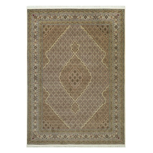 Oyster White, Tabriz Mahi with Fish Medallion Design, Denser Weave, Pure Wool, Hand Knotted, Oriental Rug