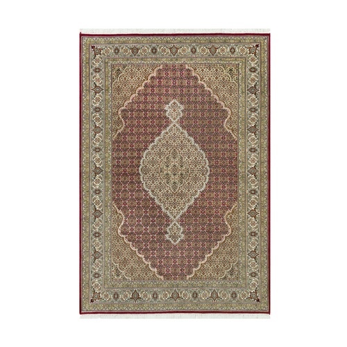 Tueson Red, Tabriz Mahi Hand Knotted Fish Medallion Design, Denser Weave Pure Wool, Oriental Rug