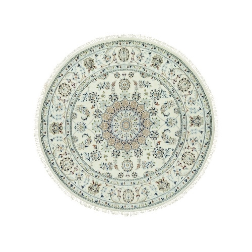 Droplets White, Hand Knotted Nain With Center Medallion Floral Design, Denser Weave 250 KPSI, Soft Wool, Round Oriental Rug