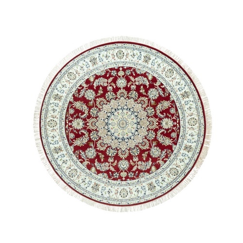 Portia Red, Hand Knotted Nain with Center Medallion Flower Design, Densely Woven 250 KPSI, All Wool, Oriental Round Rug
