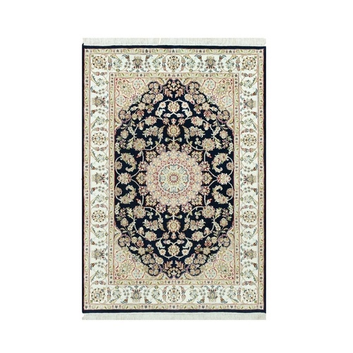 Gale Force Blue, 250 KPSI, Nain Pure Wool Central Medallion Floral Design Denser Weave, Hand Knotted, Oriental Rug 