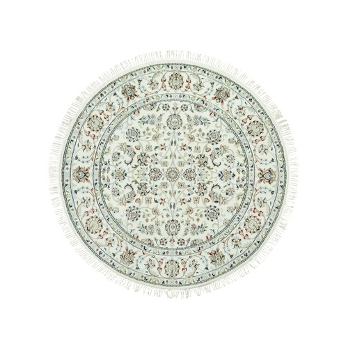 Chantilly Lace White, All Over Floral Design Nain, Hand Knotted 250 KPSI, Organic Wool, Denser Weave Oriental Round 