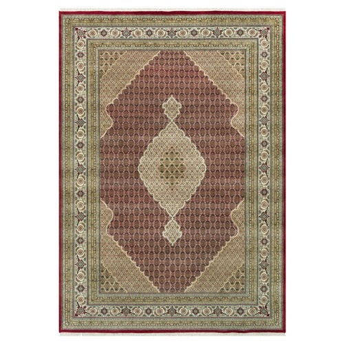 Crabby Apple Red, Shiny Wool, Tabriz with Hand Knotted Center Fish Motif, Densely Woven All Over Mahi Design, Oriental Rug