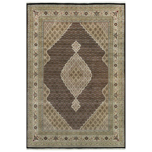 Smoky Black With Swan Wing White, Tabriz Mahi With Fish Medallion Design, Densely Woven 100% Wool, Hand Knotted, Oriental Rug