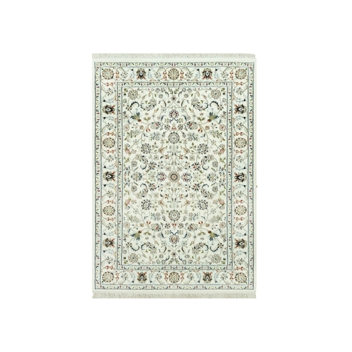 Heron White, Hand Knotted 250 KPSI, Nain All Over Flower Design, Denser Weave Natural Wool, Oriental Rug