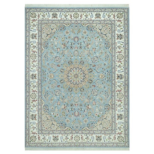Aspiring Blue With Swiss Coffee White Border, Nain Central Large Medallion Design Denser Weave, Floral Pattern, 250 KPSI, High Quality Wool, Hand Knotted, Oriental Rug 