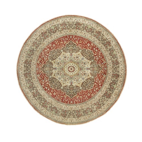 Salute Red and Hidden Cottage Brown, Antiqued Tabriz, Hand Knotted Haji Jalili Design, Pure Wool Fine Weave, Natural Dyes, Soft Pile, Oriental Round Rug