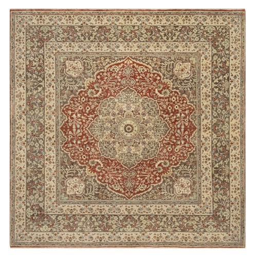 Rust Red and Taupe, Antiqued Tabriz with Haji Jalili Design, Pure Wool, Vegetable Dyes, Denser Weave, Hand Knotted, Square, Oriental Rug