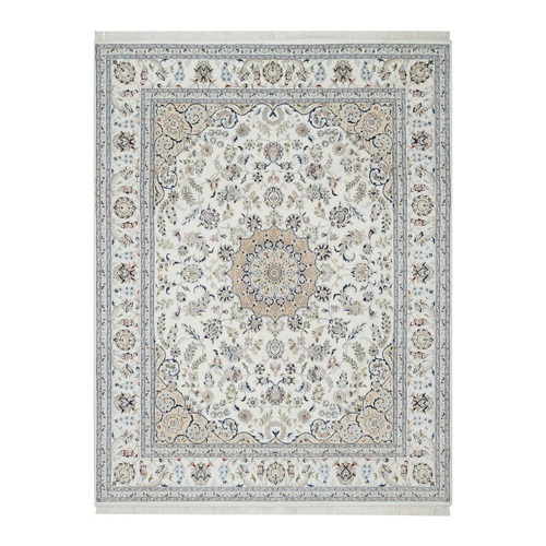 Spring White, 250 KPSI, Nain with Center Medallion, Wool and Silk, Hand Knotted, Oriental Rug