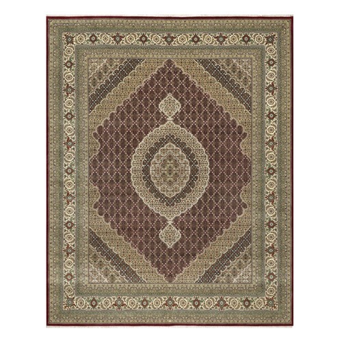 Wine Red, Super Mahi with Large Medallion Design, 250 KPSI, Wool and Silk, Hand Knotted, Oriental Rug