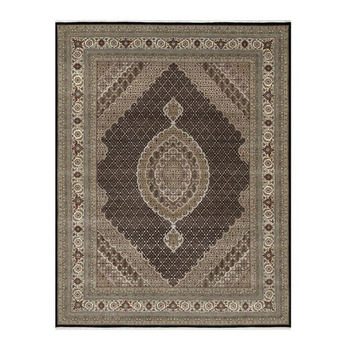 Smoky Black, Hand Knotted, Super Mahi with Center Medallion, Wool and Silk, 250 KPSI, Oriental Rug