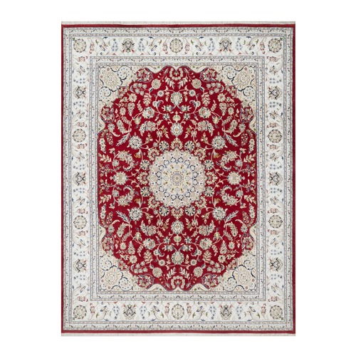 Falu Red, Wool and Silk, 250 KPSI, Nain with Center Medallion Flower Design, Hand Knotted, Oriental Rug