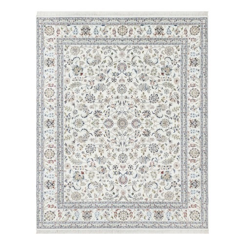Vivid White, Nain All Over Floral Design, Hand Knotted, 250 KPSI, Wool and Silk, Denser Weave, Oriental Rug