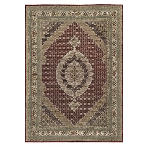 Wine Red, 250 KPSI, Hand Knotted, Super Mahi with Large Medallion, Wool and Silk, Oriental Rug