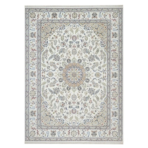 Spring White, Hand Knotted, 250 KPSI, Nain with Center Motif Flower Design, Wool and Silk, Oriental Rug