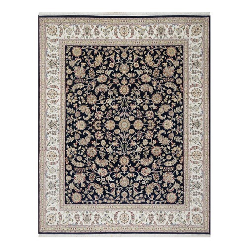 Hale Navy Blue, Wool and Silk, Nain with All Over Flower Design, 250 KPSI, Hand Knotted, Oriental Rug