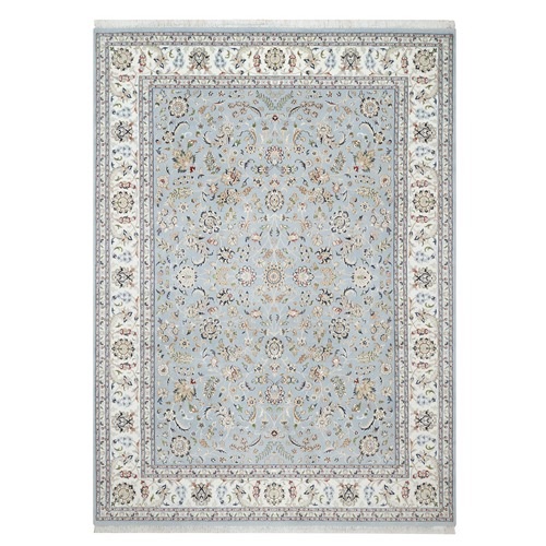 Uranian Blue, 250 KPSI, Wool and Silk, Hand Knotted, Nain with All Over Flower Design, Oriental Rug