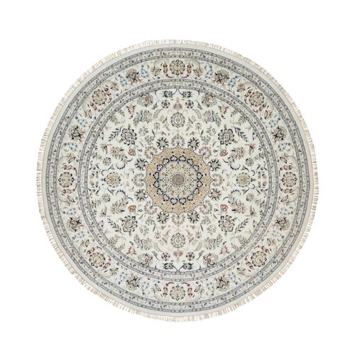 Spring White, Wool and Silk, 250 KPSI, Nain with Center Medallion, Hand Knotted, Round, Oriental Rug