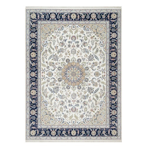 Isabelline White, Nain with Center Medallion Flower Design, 250 KPSI, Wool and Silk, Hand Knotted, Oriental Rug