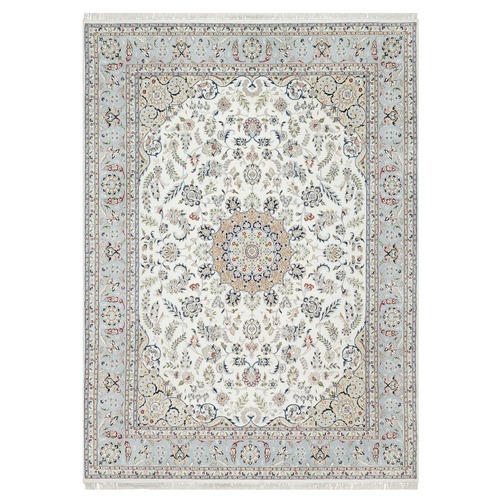 Stone White, Hand Knotted, Nain with Center Medallion Flower Design, 250 KPSI, Wool and Silk, Oriental Rug