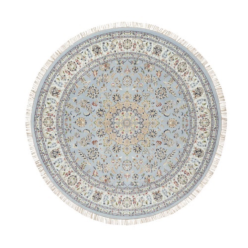 Beau Blue, Hand Knotted, Nain with Large Center Medallion, 250 KPSI, Wool and Silk, Round, Oriental Rug