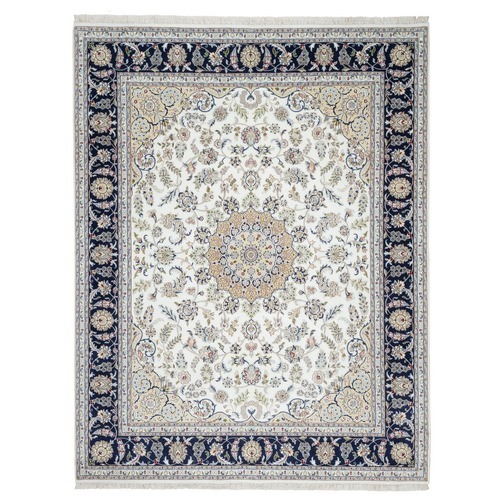 Stone White, Nain with Center Medallion Flower Design, 250 KPSI, Super Fine Weave, Wool and Silk, Hand Knotted, Oriental Rug