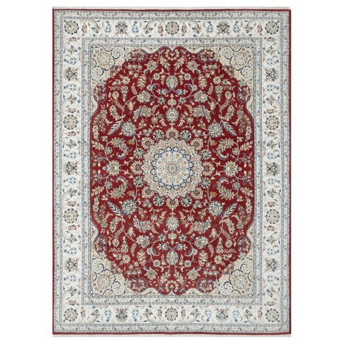 Falu Red, Nain with Center Medallion Flower Design, Hand Knotted, Wool and Silk, 250 KPSI, Oriental Rug