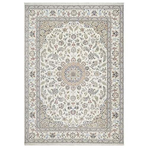 Spring White, 250 KPSI, Nain with Center Motif Flower Design, Wool and Silk, Hand Knotted, Oriental Rug