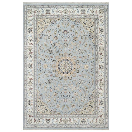 Beau Blue, Wool and Silk, Hand Knotted, Nain with Large Center Medallion, 250 KPSI, Oriental Rug
