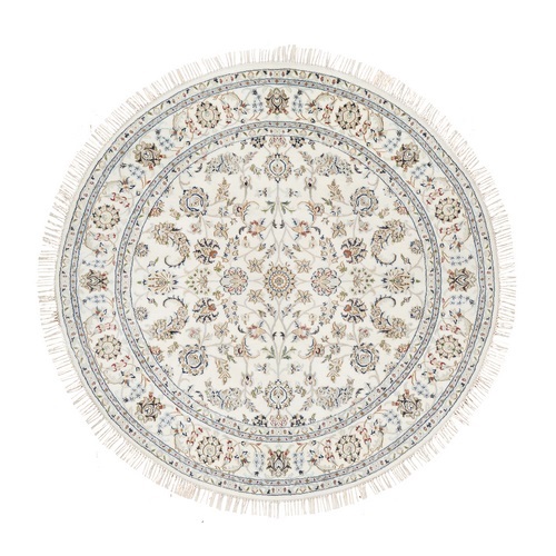 Isabelline White, Nain All Over Floral Design, Hand Knotted, Wool and Silk, 250 KPSI, Round, Oriental Rug