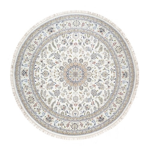 Spring White, Nain with Center Medallion, Wool and Silk, Hand Knotted, 250 KPSI, Round, Oriental Rug