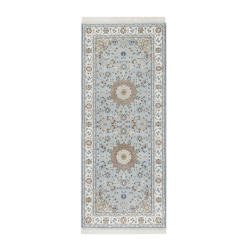 Beau Blue, Nain with Large Center Medallion, 250 KPSI, Hand Knotted, Wool and Silk, Runner, Oriental Rug