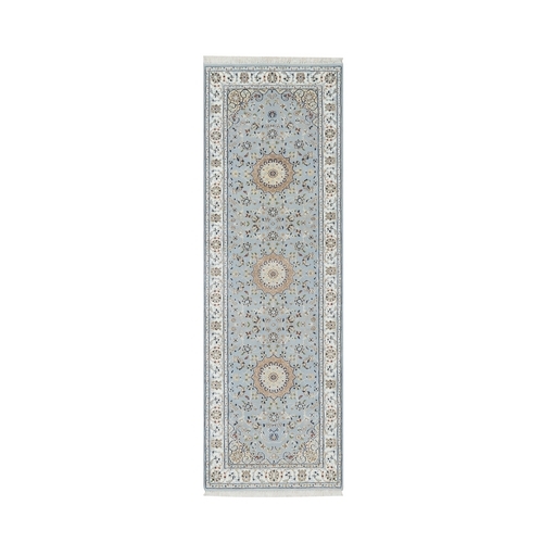 Beau Blue, 250 KPSI, Wool and Silk, Hand Knotted, Nain with Large Center Medallion, Runner, Oriental Rug
