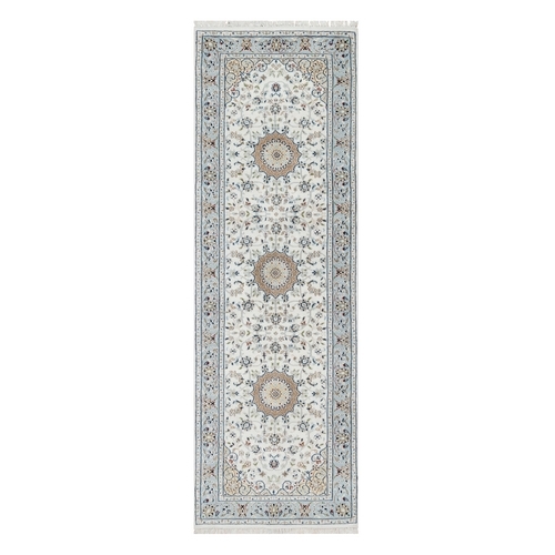 Stone White, Hand Knotted, 250 KPSI, Nain with Center Medallion, Wool and Silk, Runner, Oriental Rug