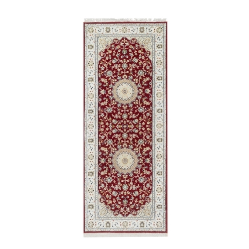 Rosewood Red, Wool and Silk, Nain with Center Medallion Flower Design, Hand Knotted, 250 KPSI, Oriental Rug