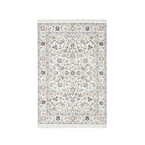Vivid White, 250 KPSI, Wool and Silk, Nain All Over Floral Design, Hand Knotted, Oriental Rug