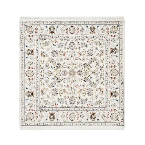 Isabelline White, Nain All Over Floral Design, 250 KPSI, Wool and Silk, Hand Knotted, Square, Oriental Rug