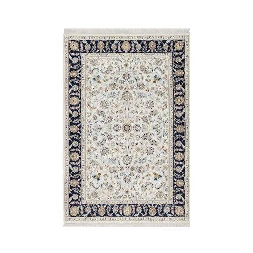 Rice White, Nain All Over Flower Design, 250 KPSI, Wool and Silk, Hand Knotted, Oriental Rug