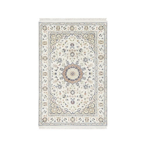 Acoustic White, Hand Knotted, Nain with Center Motif Flower Design, 250 KPSI, Wool and Silk, Oriental Rug