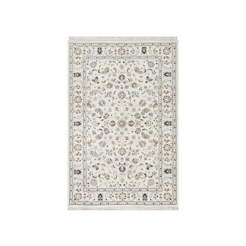 Spring White, Hand Knotted, Nain All Over Floral Design, 250 KPSI, Wool and Silk, Oriental Rug