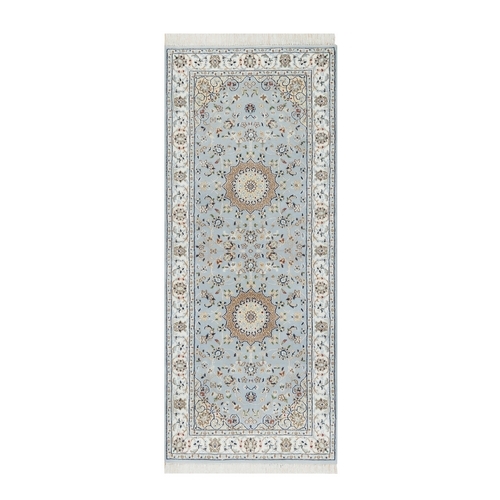 Uranian Blue, Nain with Large Center Medallion, 250 KPSI, Wool and Silk, Hand Knotted, Runner, Oriental Rug