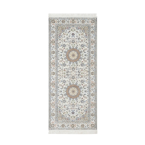 Spring White, 250 KPSI, Hand Knotted, Nain with Center Motif Flower Design, Wool and Silk, Runner, Oriental Rug