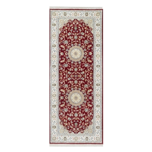 Rosewood Red, 250 KPSI, Nain with Center Medallion Flower Design, Hand Knotted, Wool and Silk, Runner, Oriental Rug