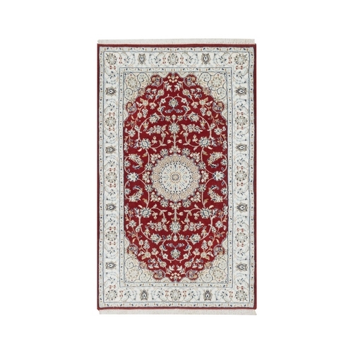 Falu Red, Hand Knotted, Wool and Silk, Nain with Large Medallion, 250 KPSI, Oriental Rug