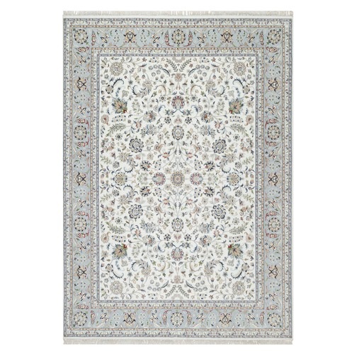 Rice White, 250 KPSI, Nain All Over Flower Design, Wool and Silk, Hand Knotted, Oriental Rug