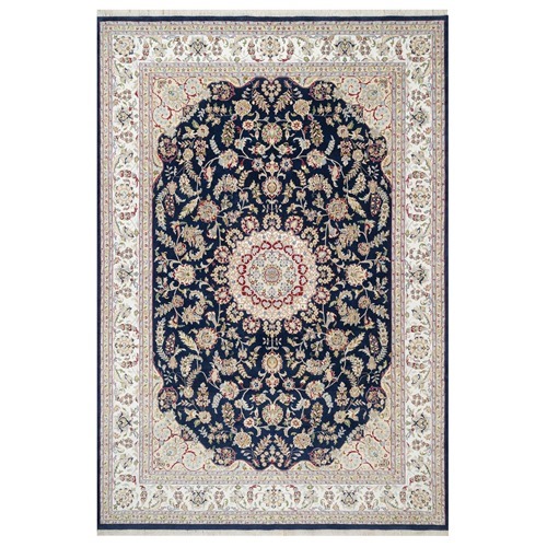 Vulcan Blue, Hand Knotted, Nain with Center Medallion Flower Design, 250 KPSI, Wool and Silk, Oriental Rug