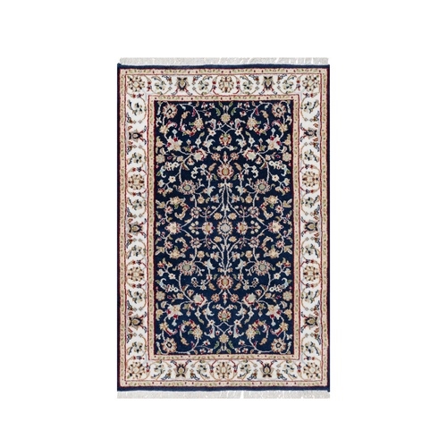 Hale Navy Blue, 250 KPSI, Hand Knotted, Wool and Silk, Nain with All Over Flower Design, Oriental Rug