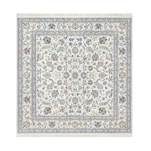 Isabelline White, Wool and Silk, Hand Knotted, 250 KPSI, Nain All Over Floral Design, Square, Oriental Rug